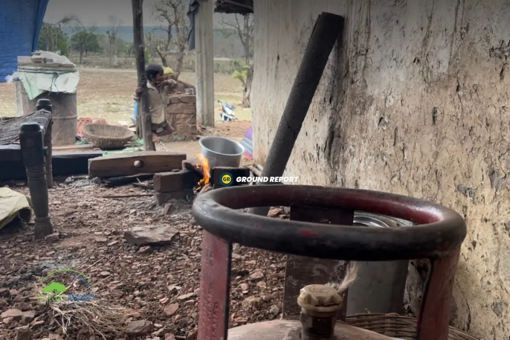 Empty gas cylinder resting in the corner of the under-construction segment of the house Village Samasgarh