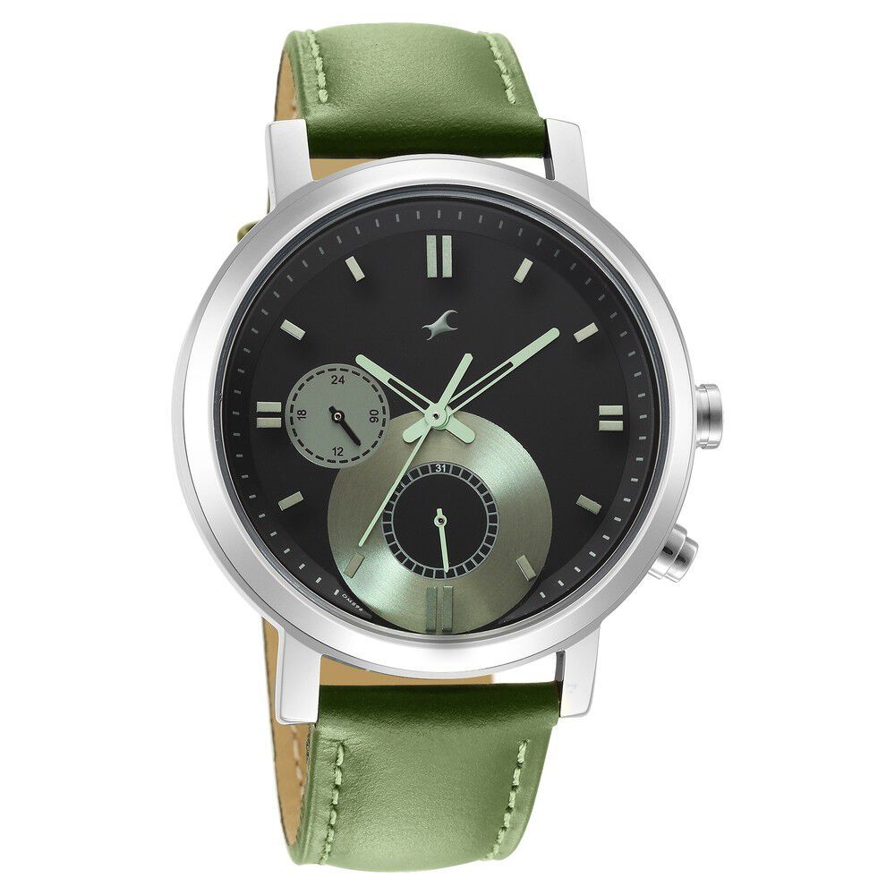 Fastrack Tick Tock Quartz Multifunction Black Dial Leather Strap Watch for Guys - image number 1