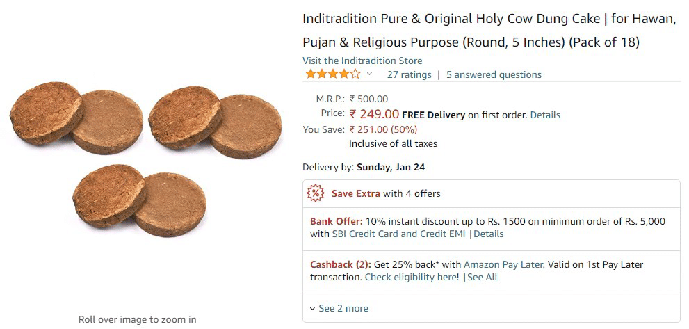 Amazon customer gave a review after eating cow dung cake