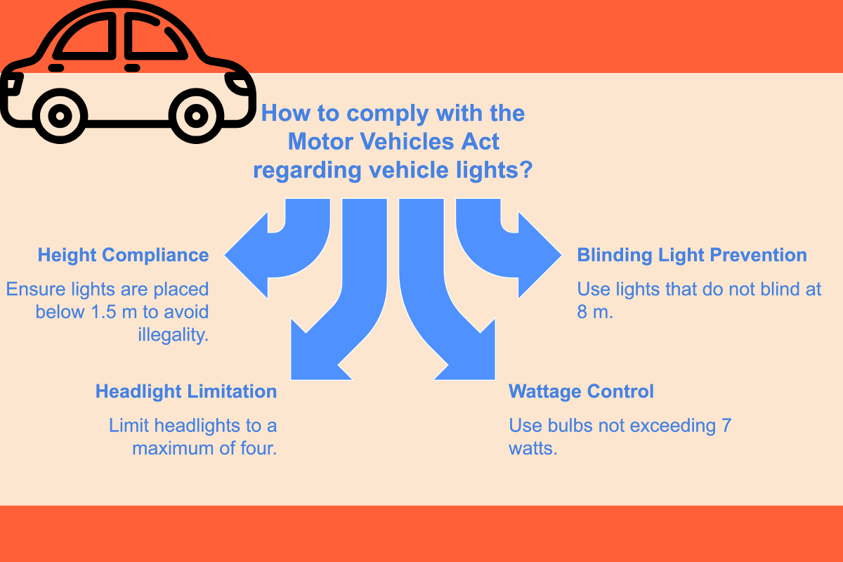 The Motor Vehicles Act in India enforces strict rules on headlight placement, intensity, and modifications