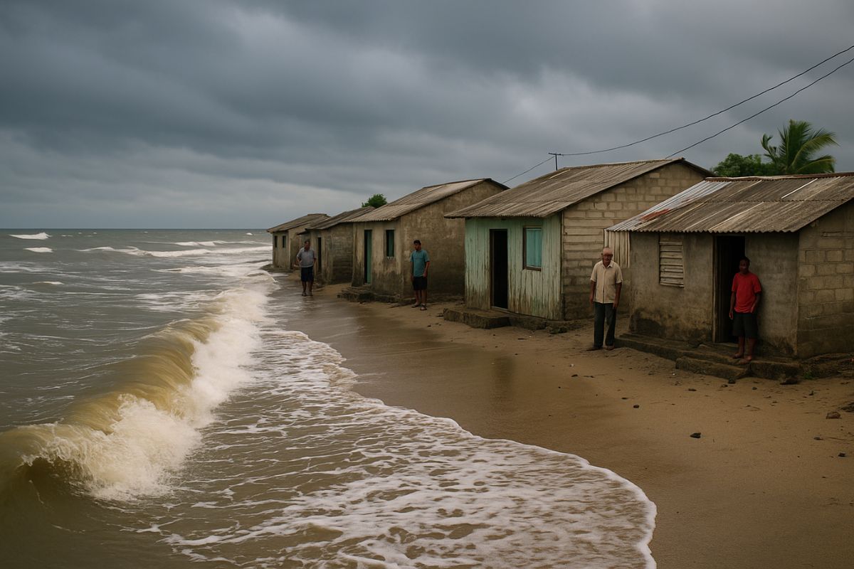 Residents stand outside their homes as rising waves reach the doorsteps of a coastal village, highlighting the growing threat of sea-level rise and storm risk.