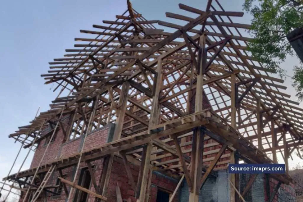 The wood framework on the roof of a house