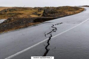 Grindavik, Iceland: A large crack appeared in centre of the town with steam emanating from it