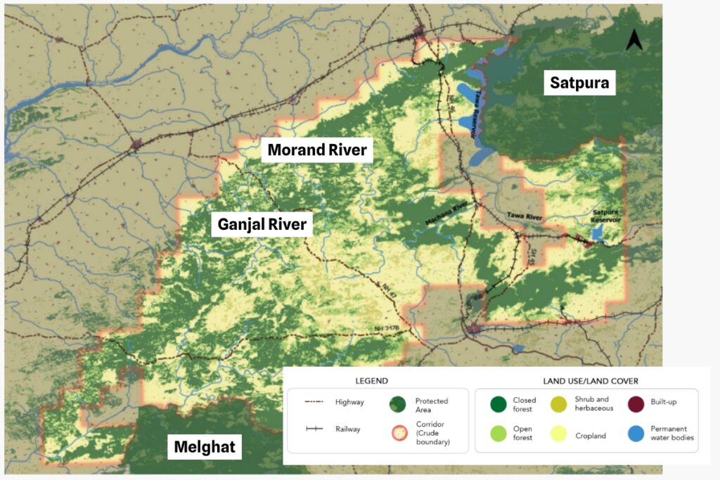 Map showing a crude boundary of the corridor between Satpura and Melghat tiger reserves along with the river and road networks