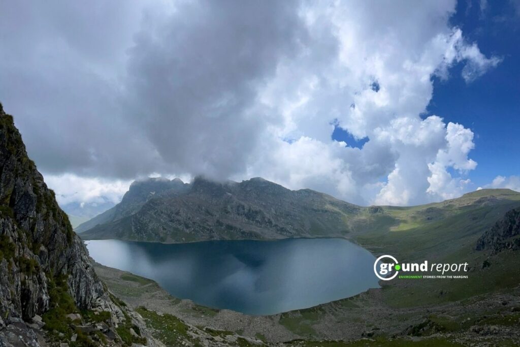 Gangabal Lake sits beneath Mount Harmukh in Ganderbal district. Scientists warn the lake is expanding as glaciers melt, increasing flood risk for villages downstream.