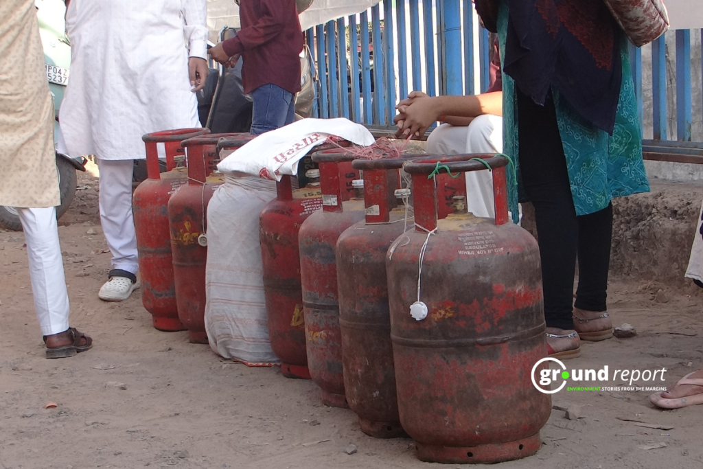 LPG cylinders kept outside the Abhishek Bharat Gas Agency in the Ashoka Garden area of Bhopal. Amidst recent uncertainties, people are flocking to agencies to procure cylinders. Photo: Chandra Pratap Tiwari