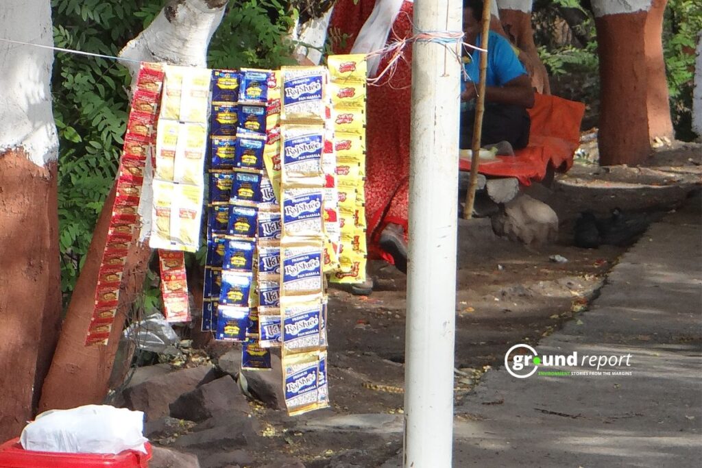 Colourful sachets of pan masala and gutkha line a roadside stall. In rural India, gutkha consumption has risen 565 percent since 2011.