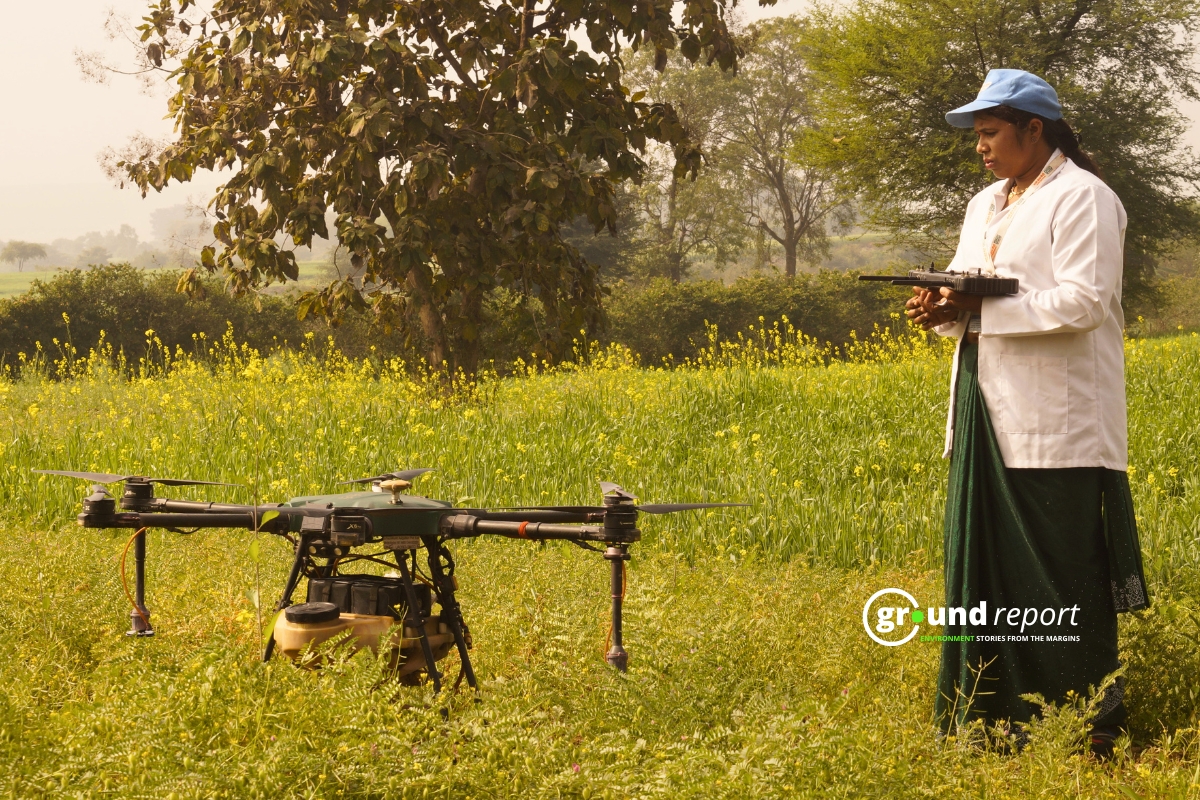 Vandana Kewat, the 'Drone Didi' of Bhanpur village in Madhya Pradesh, with her drone.