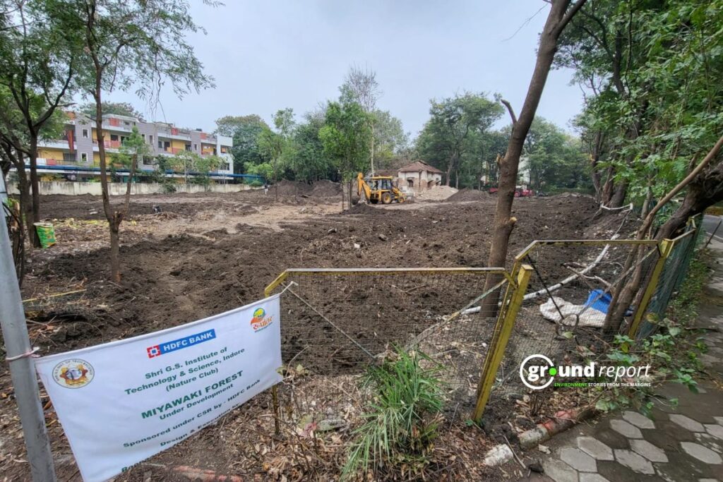 A Miyawaki forest under development at SGSITS, Indore, funded by HDFC Bank's CSR initiative. The signboard marks the beginning of what will become an urban forest.