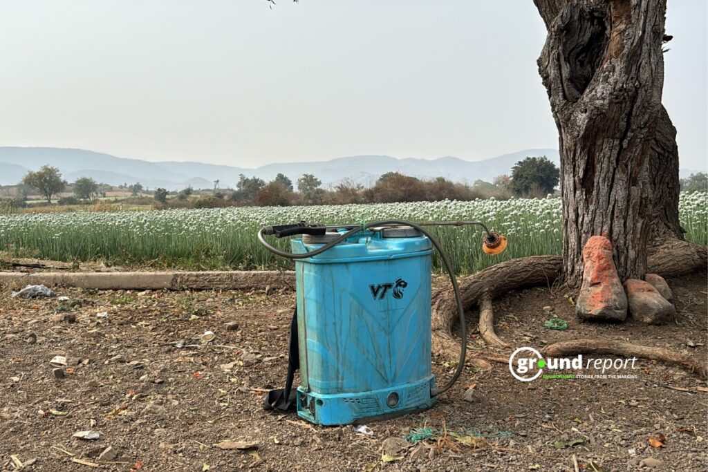A pesticide sprayer rests against a tree beside an onion field. Farmers across India use chemicals whose safety was established through animal testing methods that date back to the mid-20th century.