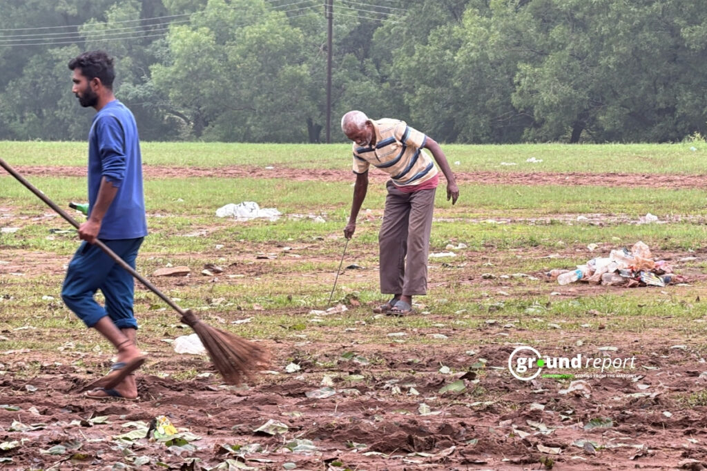 Workers Sweep and Collect Plastic Waste Left Behind After the Nagdwari Yatra