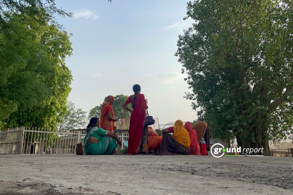 A group of women in colorful saris sit and stand together on open ground, framed by trees on either side, in the soft light of early evening.