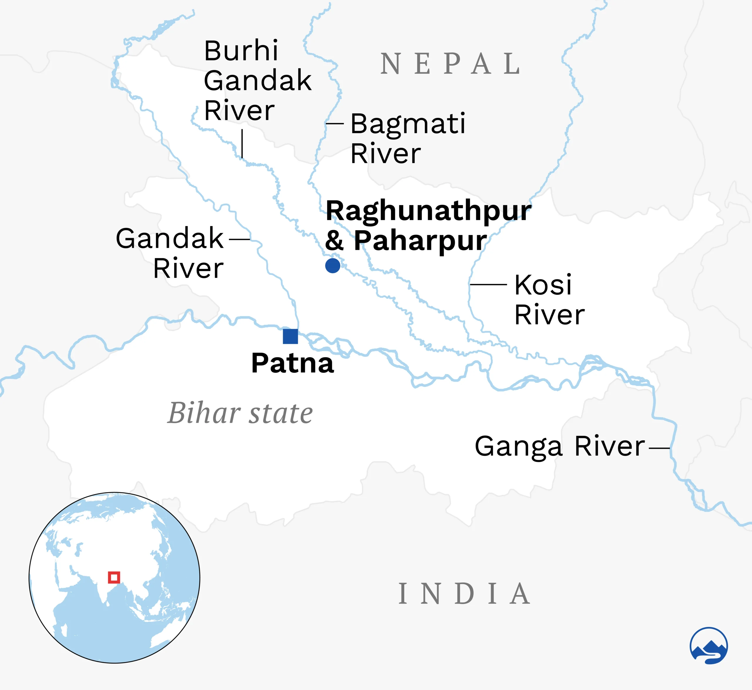 Map of rivers in north Bihar, India