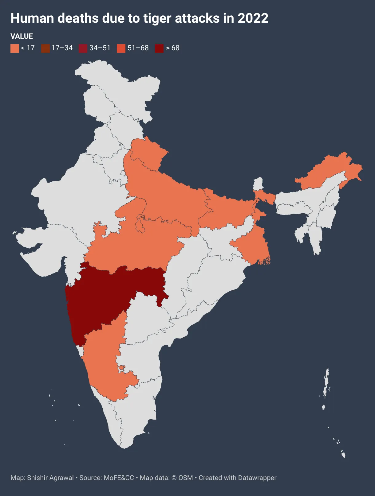 Humans deaths due to tiger attacks in 2022 data map