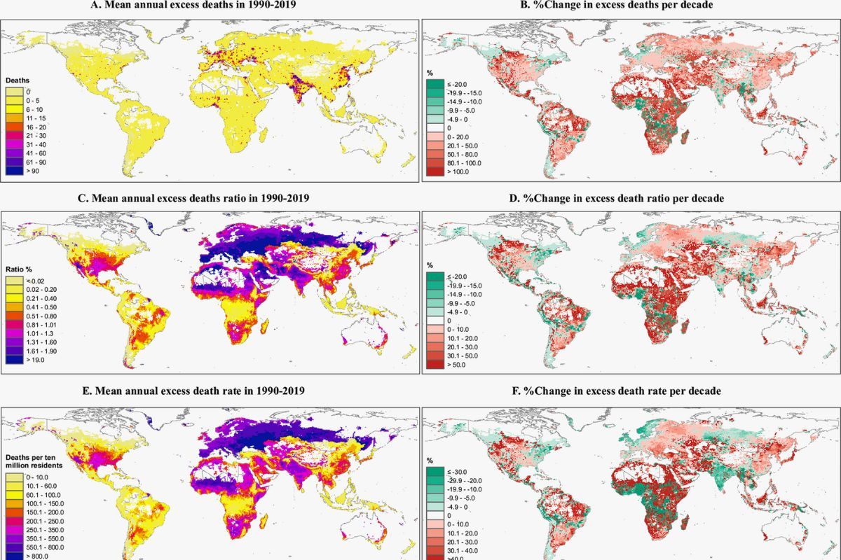 Average and the change per decade of excess deaths (A, B), death ratio (%, C, D), and deaths per 10 million residents (E, F) associated with heatwaves in 1990&ndash;2019 at a spatial resolution of 0.5&deg;&times;0.5&deg;.