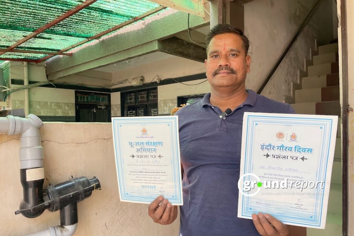 Sanjay Singh Bhadauria with his rainwater Harvesting system