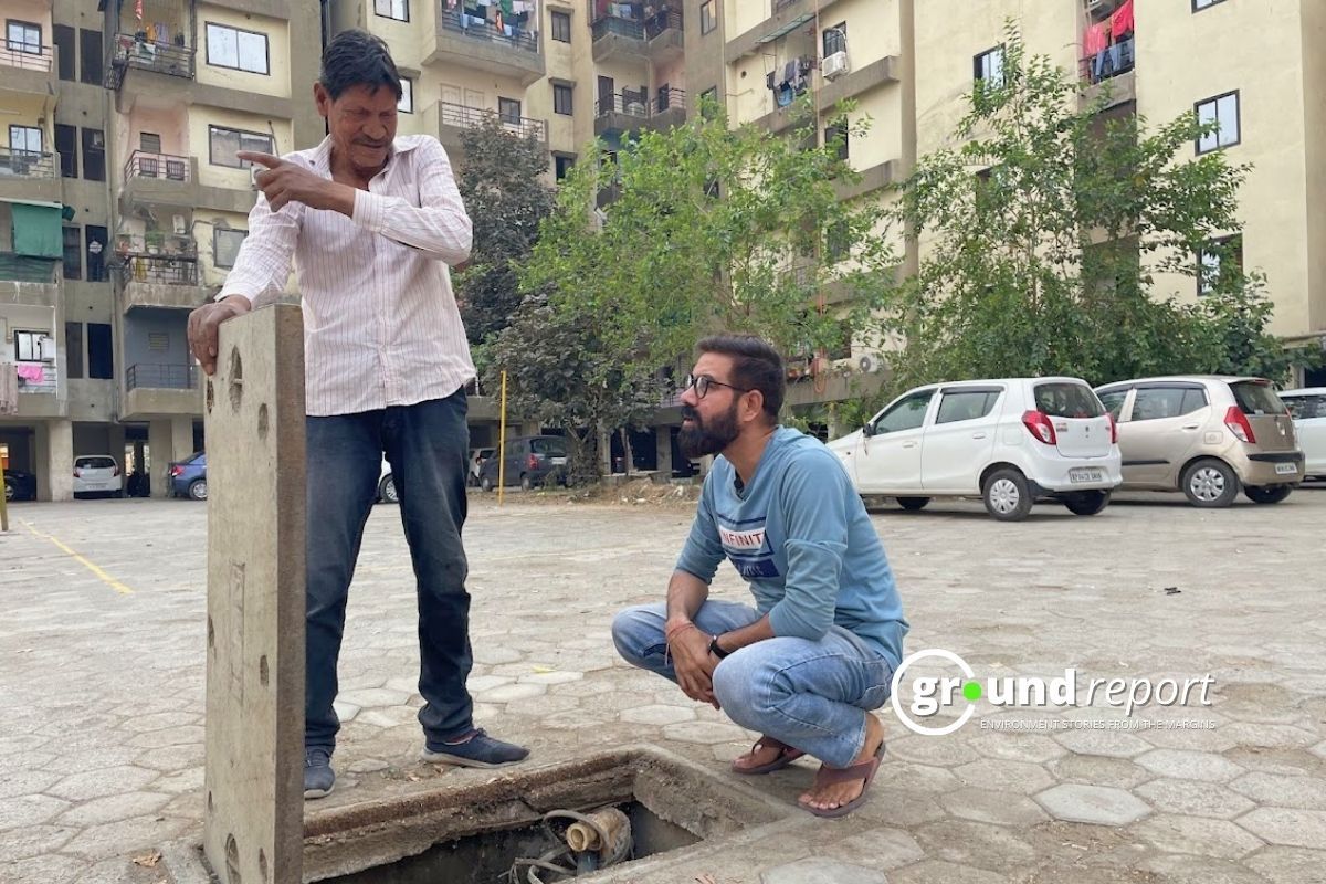Raghvendra Bhargava Showing Rainwater Harvesting System connected to the society's borewell
