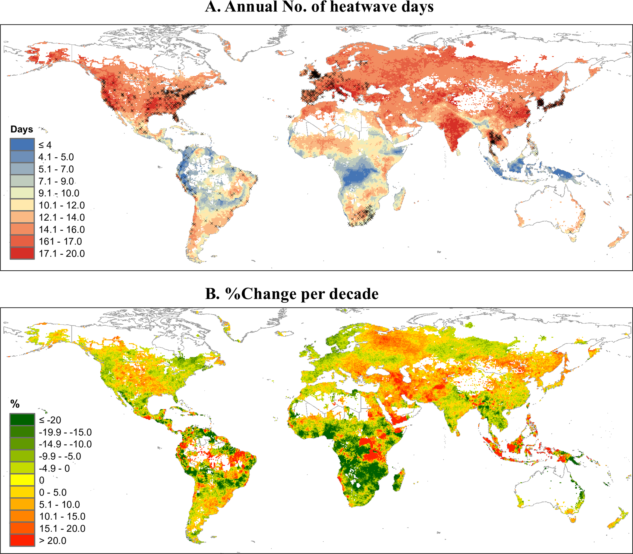 Heatwave days (A) and the change per decade (B) at a spatial resolution of 0.5&deg;&times;0.5&deg; across the globe per warm season during 1990&ndash;2019.