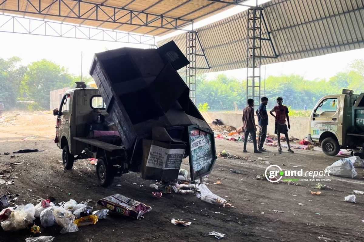 After collecting garbage from his assigned ward, Prajapati goes to Sehore landfill site where the weight of the garbage is measured and then he empties his vehicle.