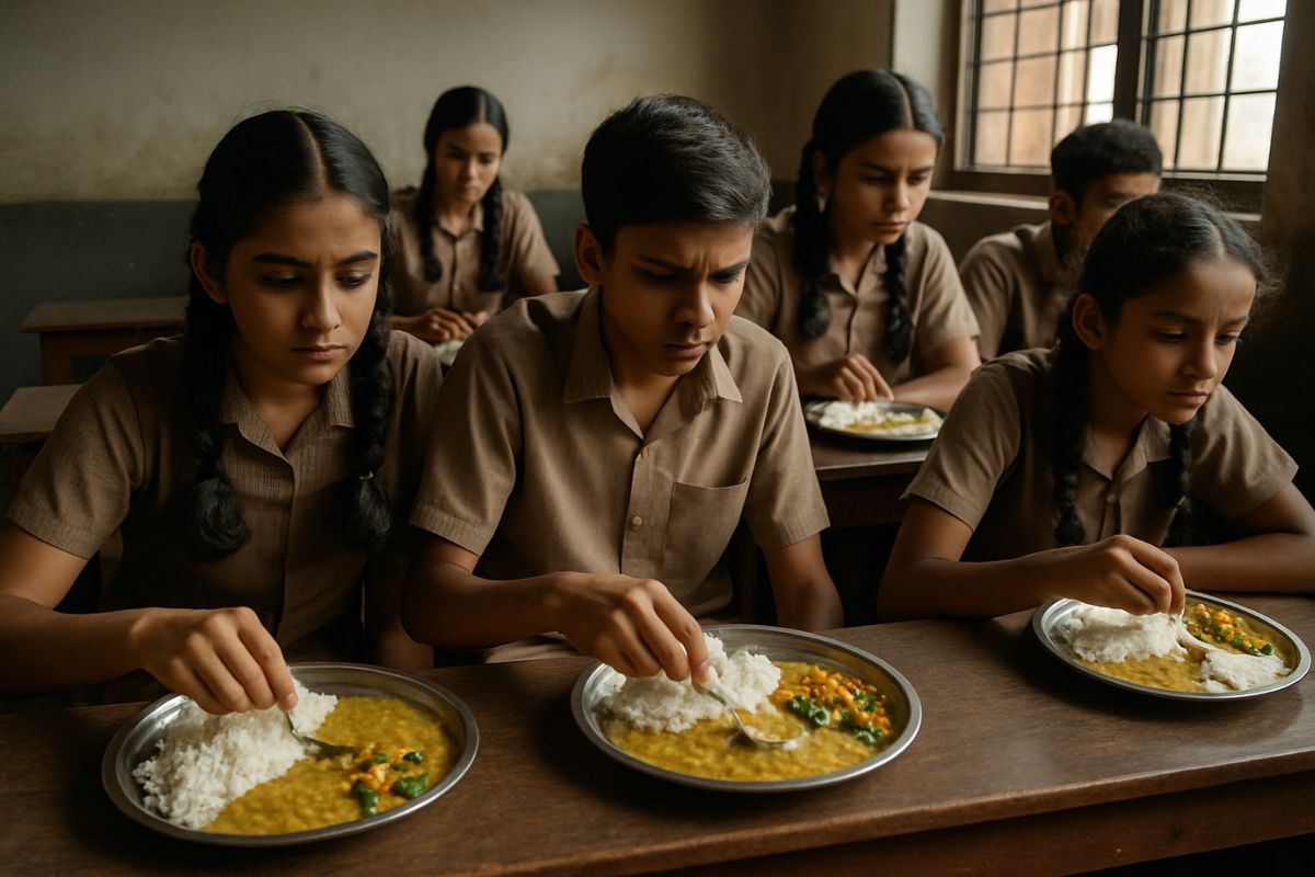 Indian schoolchildren eat a simple mid-day meal of rice, lentils, and vegetables in a classroom, reflecting everyday nutrition challenges.