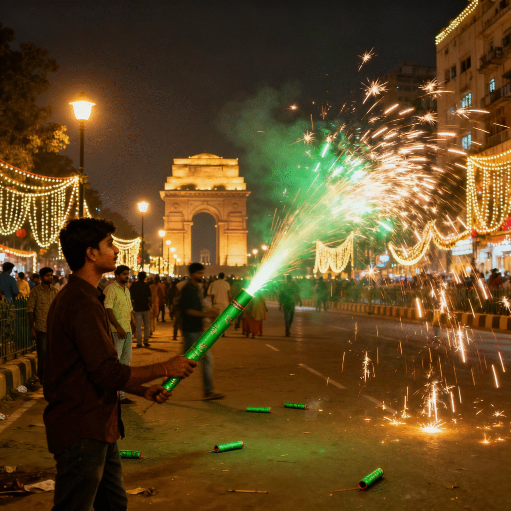 People bursting green crackers in Delhi
