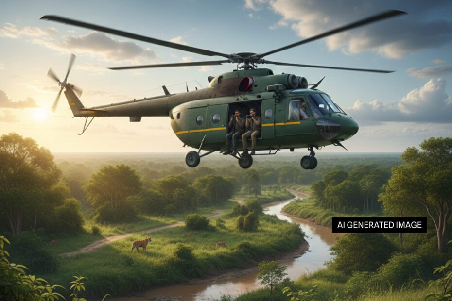 Helicopter flying over a protected forest