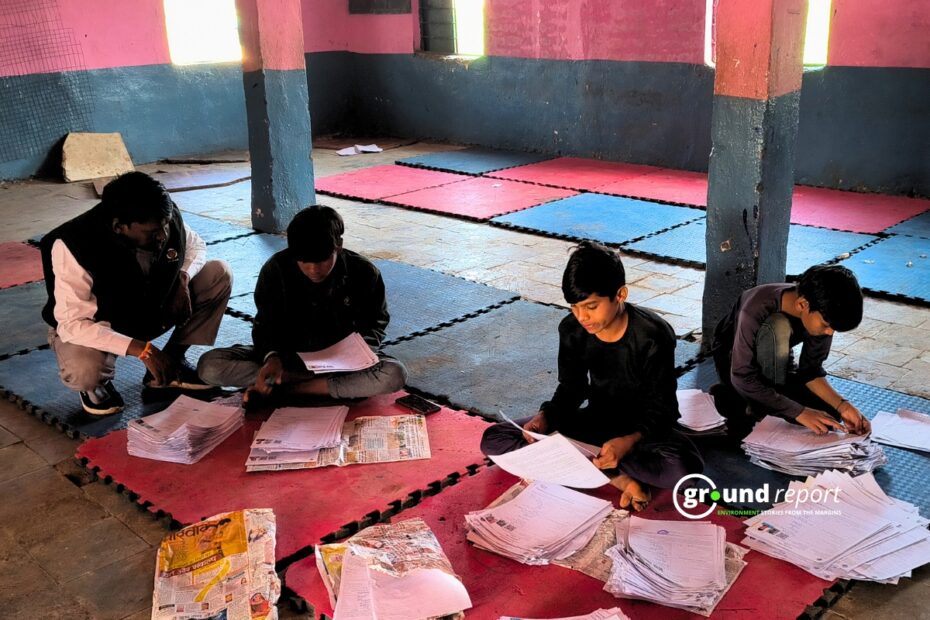 Class 10 students helping BLO Mangilal Verma in SIR work on Sunday holiday, Dhanvasa village, Rajgarh
