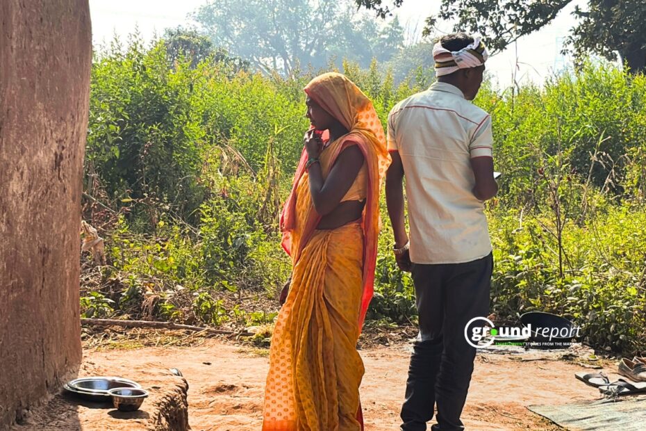 Tribal villagers from Basi Berdah village gather in protest against Adani Group's coal mining project in Dhirauli, Singrauli, with women activists participating alongside men