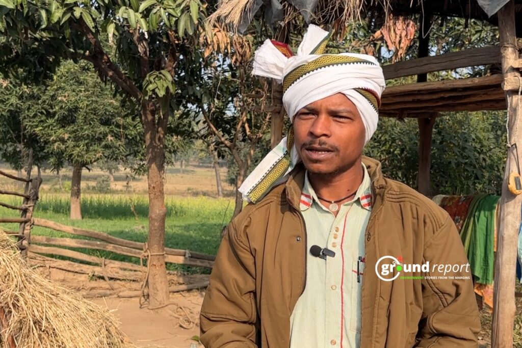 "Rajpal Singh Khairawar, a tribal activist from Basi Berdah village, demands land-for-land compensation for those affected by the Dhirauli coal block project in Singrauli"