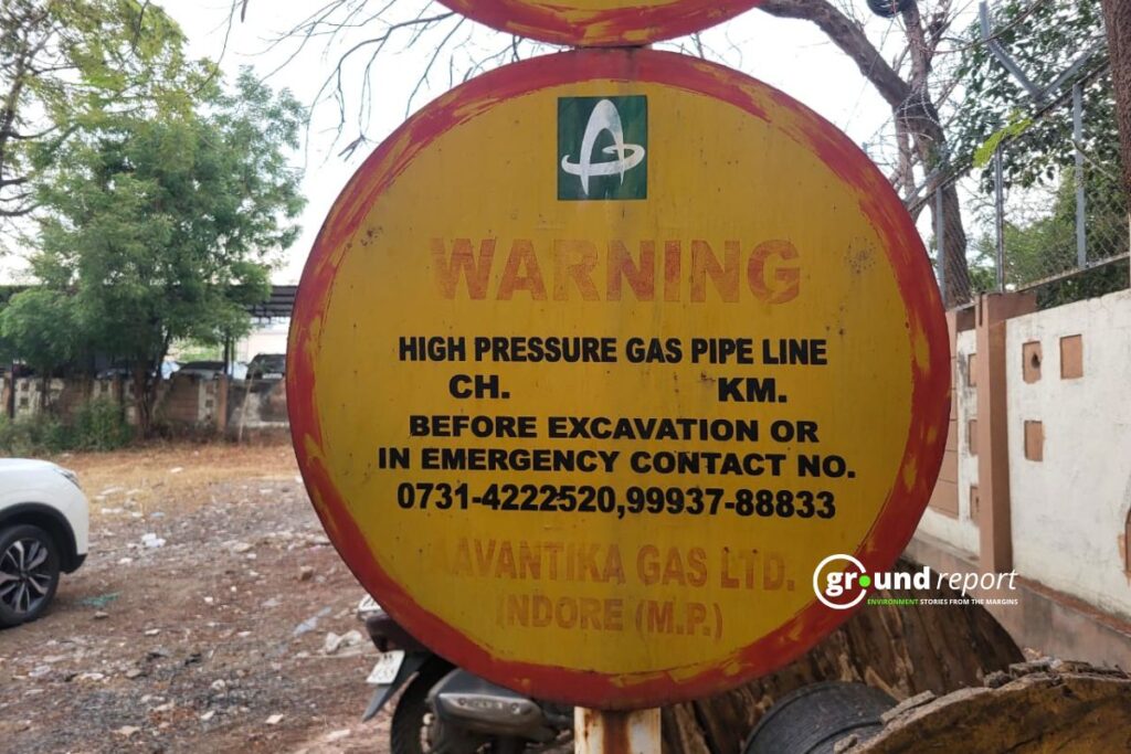 Warning sign marks a high-pressure gas pipeline in the area.