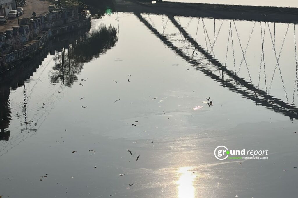 Birds fly over Bhojtal lake as the sun reflects off its surface, with settlements and concrete structures crowding its banks.