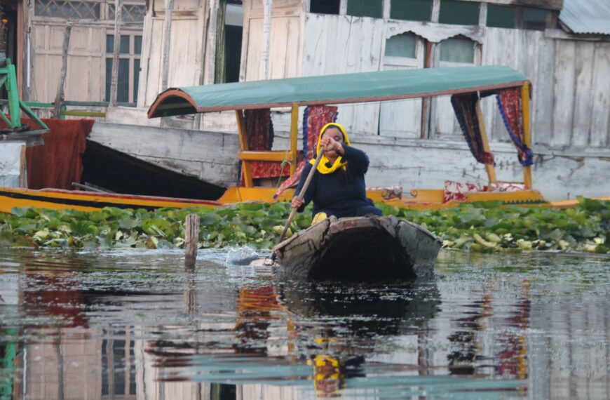 A woman rows through Dal Lake in Srinagar, past floating lotus leaves and houseboats. Photo credit: Wahid Bhat/Ground Report