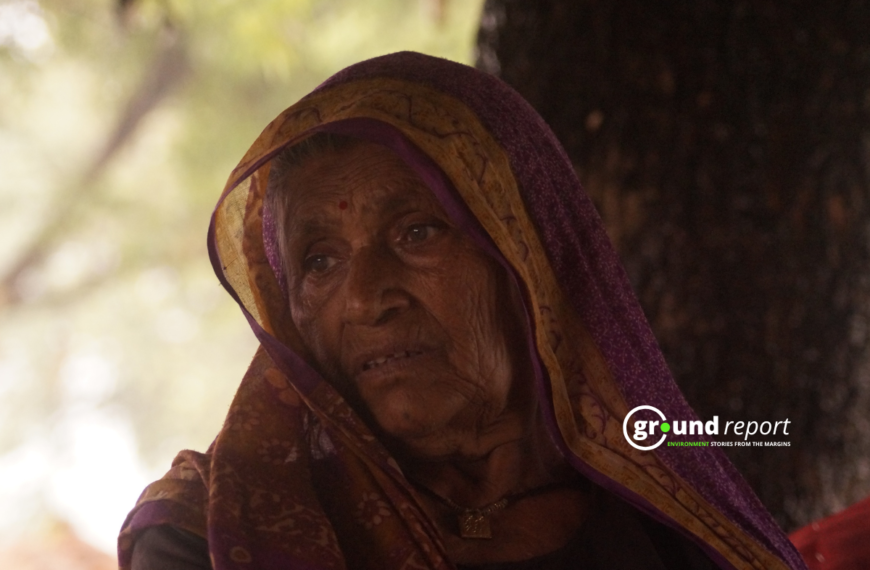 Phoolbai Kushwaha has been living under the shade of a tarpaulin for the past two years. Photo: Chandra Pratap Tiwari
