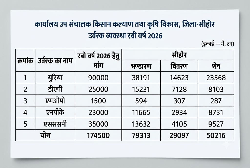 सीहोर में रबी सीज़न के लिए खाद की उपलब्धता, स्रोत: कृषि विभाग सीहोर